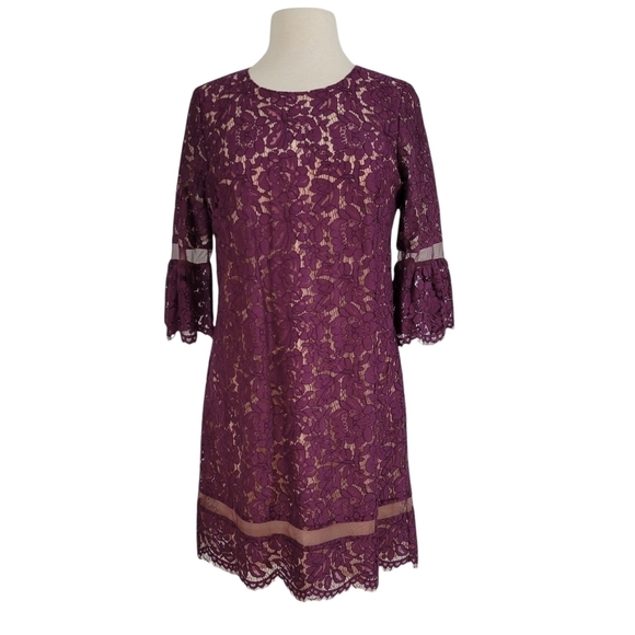 BCBGMaxAzria Maroon Lace Bell Sleeve Shift Dress - Picture 1 of 9